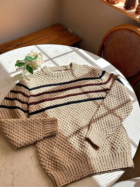 Vintage Men’s 50Alfie Striped Crew Neck Sweater in Brown & Blue Size Large